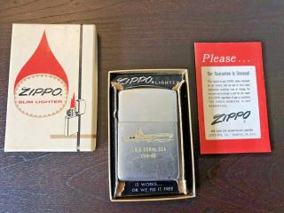 Vintage 1960’s ? Earlier Zippo Slim Lighter U.  S.  S.  Coral Sea Cva 43 Box