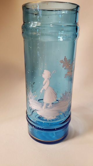 Vintage Mary Gregory Style 6.  25 " Blue Vase - Girl With Cane -