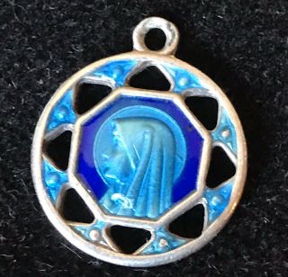 Virgin Mary Sterling Silver Blue Enamel Pendant,  Rare Style From France,  Vintage