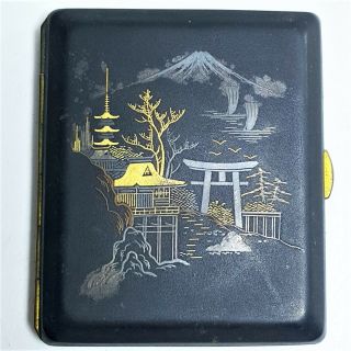 Vintage Japanese Iron Gold Silver Damascene Cigarette Case Mount Fuji Inscribed