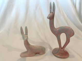 Vintage Artistic California Pottery Pink Turquoise Deer Figurines 9 " - 5 "