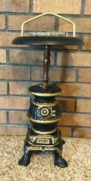 Vintage Cast Metal Pot Belly Stove Floor Ashtray Smoke Stand Glass Ashtray 21 "