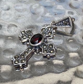 Vintage 925 Sterling Silver Garnet Marcasite Stones Cross Necklace Pendant