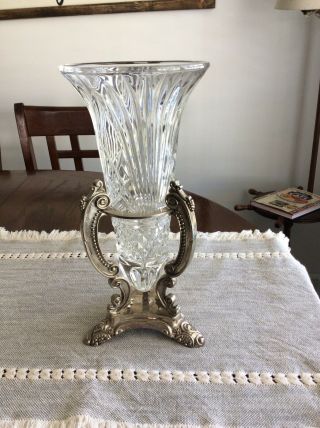 Vintage Godinger Trumpet Crystal Vase Silver Plate Metal Stand Cradle Legends