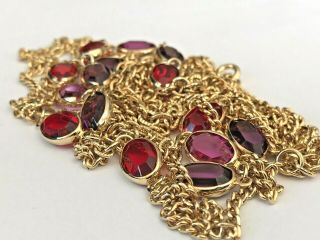 Vintage Long Ruby Red Amethyst Purple Open Back Bezel Set Crystal Necklace 48 "