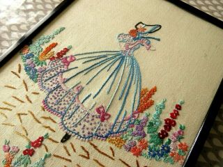 VINTAGE HAND EMBROIDERED PICTURE FRAMED - CRINOLINE LADY & FLOWERS 2
