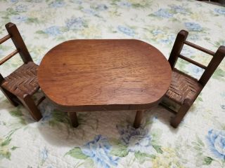 Vintage Doll Table And 2 Chairs W/cane Seat Stained Wood Doll Bear Furniture