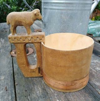 Vintage Treen Mug With Sheep Handle Hand Carved Farming Agricultural