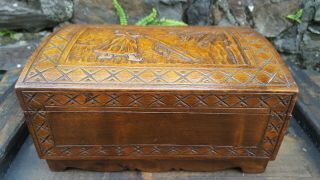 Vintage Romanian Arts And Craft Hand Carved Wooden Box,  Lady In Land Scape