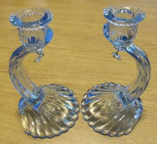Set Of Vintage Blue Tinted Glass Shell Base Candle Holders.