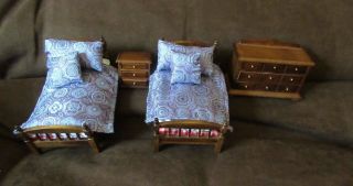Vintage Miniature Doll House Wood Furniture Four (4) Piece Bedroom Set