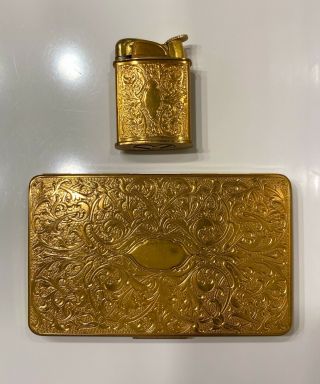 Vintage Evans Gold Plated Cigarette Case And Lighter Set