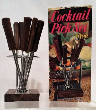 Vintage Stainless Steel Cocktail Pick Set Japan Set Of 10 Boxed Fw Woolworth