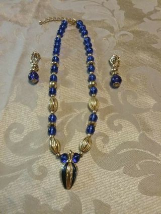 Vintage Avon Necklace/earring Set,  Royal Blue & Goldtone,  Clip Earrings