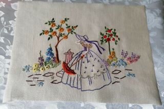Vintage Crinoline Lady Floral Garden Hand Embroidered Panel