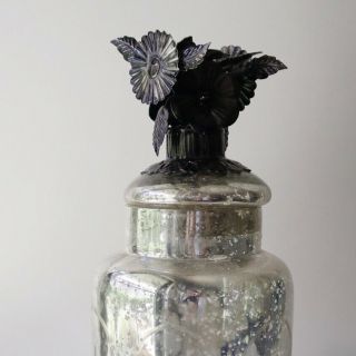 Stunning Large Etched Vintage Mercury Glass Jar With Tin Floral Lid