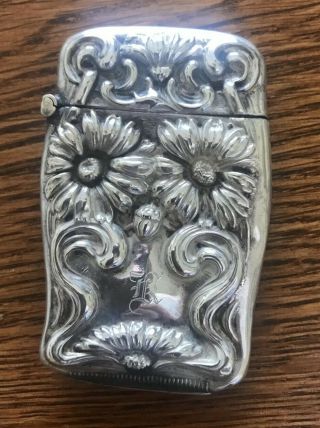 Antique Sterling Art Nouveau Match Safe In Flower Pattern