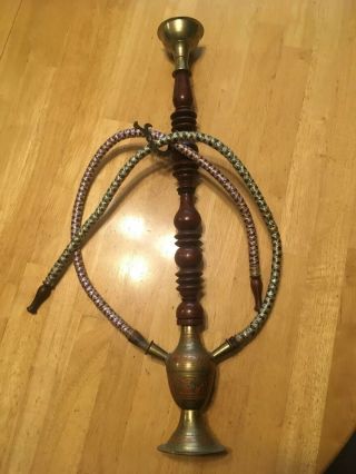 Vintage Brass & Wooden Hookah 2 Stem Smokers 16 1/2 Inches Tall