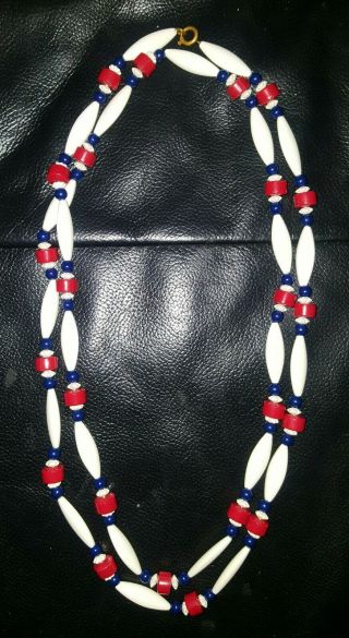 Vintage Bakelite Red White And Blue 48 Inch Necklace.  Vintage 1950s.