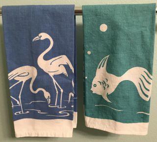 2 Vintage Kitchen Tea Towels Aqua Green Fish & Blue Heron Flamingo Bird Cotton