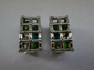 Vintage Signed Grosse Clip On Earrings Silver Tone Peridot & Turquoise Bead