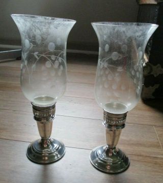 2 Vintage Crown Sterling Silver Candle Holder W/ Etched Glass Hurricane Style