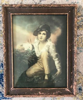 Vintage Lithograph Print Boy With Rabbit Frame Picture 15 X 11 4972