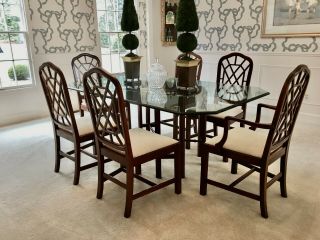 Drexel Heritage Chippendale Mahogany Dining Table,  6 Chairs W/ Baker Fabric