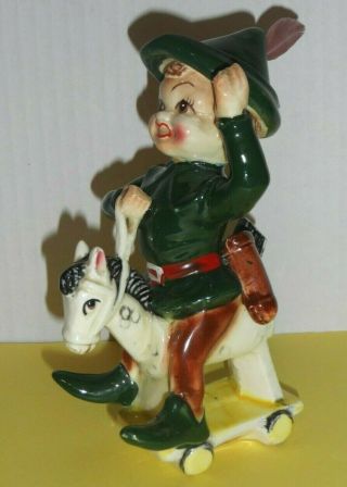 Vintage Kreiss Ceramic Elf Pixie Robin Hood Figurine On Rocking Horse 1955