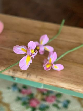 Vintage Miniature Dollhouse Nancy Barnett 3 Stems Hand Painted Pink Iris Flowers