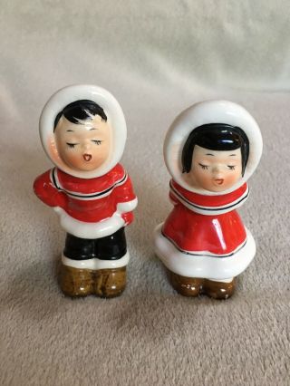 Vintage Red Alaskan Eskimo Girl & Boy Salt & Pepper Shakers Napco Japan