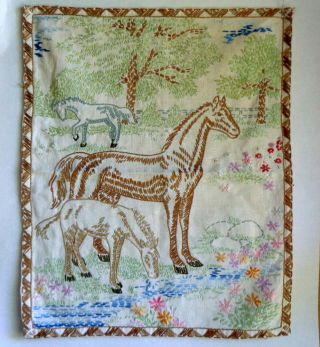 Vintage Hand Embroidered Horse & Foal Panel Picture 15 " X 18 1/4 " Finished Hems
