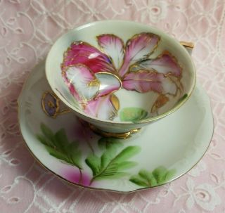 Vintage Saji Pedestal Tea Cup & Saucer Set Hand Painted Pink Lilly Flower