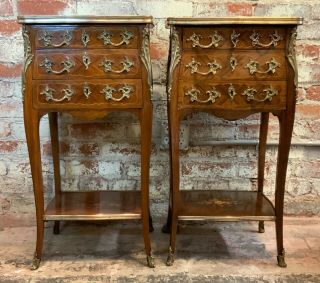 Antique French Night Stands Bombe’ Commodes Pair Tulip Wood Inlaid