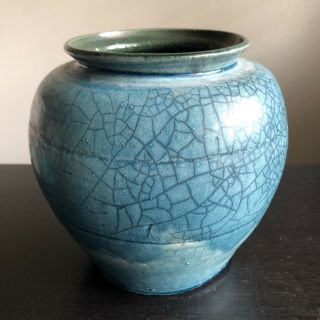 Vintage Signed Raku Studio Art Pottery Blue Crackled Glazed Vase Decor Beauty