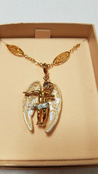 Vintage Kirks Folly Enameled Angel Cherub Pendant Necklace In Goldtone