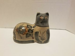 Vintage Pottery Mexican Tonala Folk Art Cat Figurine - Good Luck Cat