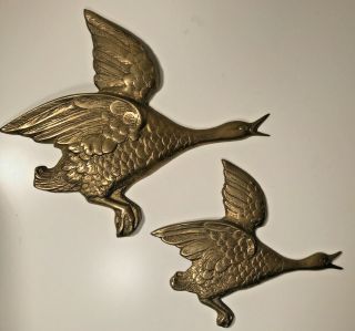 Set Of 2 Vintage Mid Century Solid Brass Duck Wall Hangings Art Decor Birds Mcm