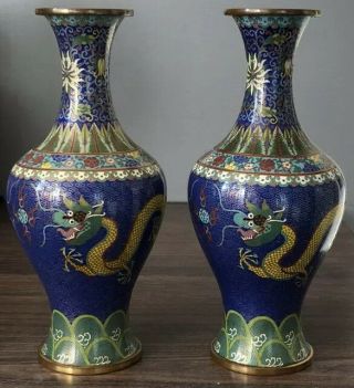 Good Pair Antique Chinese Gilt Bronze Cloisonné Enamel Dragon Vases Signed 9”