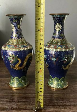 Good Pair Antique Chinese Gilt Bronze Cloisonné Enamel Dragon Vases Signed 9” 3