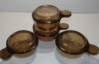 4 V - 150 - B Vintage Corning Visions Amber Heat N Eat Grab It Bowls Lids Pyrex Usa
