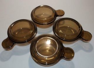 4 V - 150 - B Vintage CORNING VISIONS Amber HEAT n EAT GRAB IT Bowls Lids Pyrex USA 3