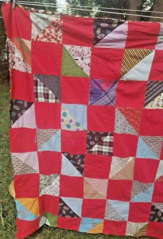 Vintage Quilt Top & Back Cutter Cotton? Old Fabrics 77 x 60 Red Floral Backing 2