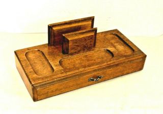 Vintage Solid All Hard Wood Desk Organizer Valet Tray W/ 3 Compartment Drawer