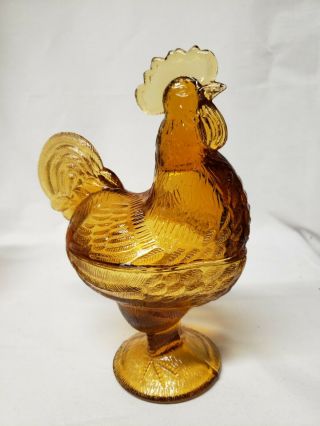 Westmore Amber Glass Standing Rooster/chicken Farm Vtg Covered Candy Dish