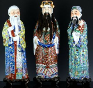 Large Set 3 Antique Chinese Famille Rose Star God Immortal Porcelain Figures