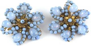 Vintage 1950s Goldtone Pale Blue Glass Bead Beaded Flower Clip On Earrings