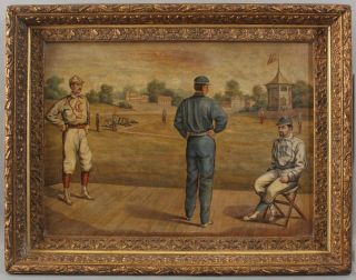 19thc Antique American Folk Art Oil Painting,  Professional Baseball Team Players
