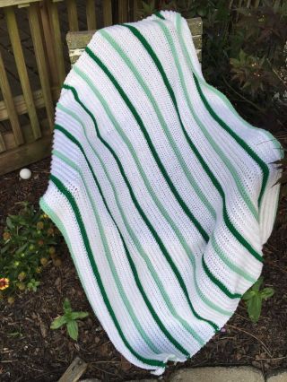 Vintage Green And White Stripe Hand Crochet Afghan/lap Throw