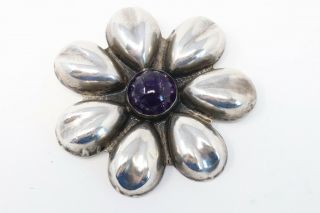 A Great Large Vintage Sterling Silver 925 Mexico Paste Amethyst Flower Brooch